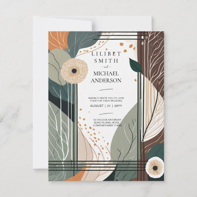 Scandinavian Japandi Wedding Abstract Sage Brown Invitation (Front)