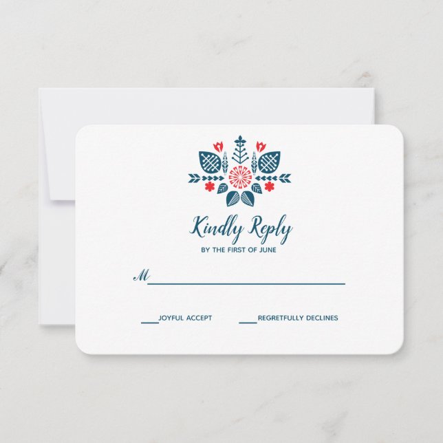 Scandinavian  Love in red and blue |  Wedding RSVP Card (Front)
