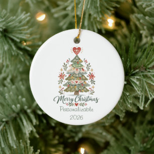 Scandinavian Merry Christmas Tree Ceramic Ornament