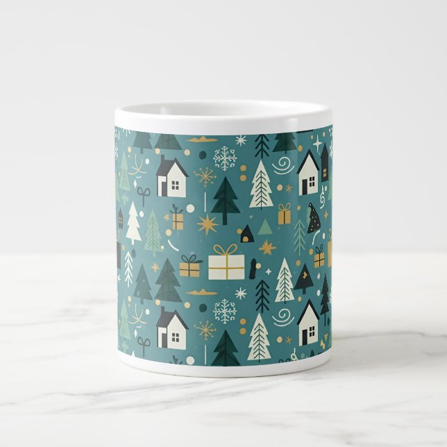 Scandinavian Merry Christmas Tree Winter Snow Large Coffee Mug (Front)