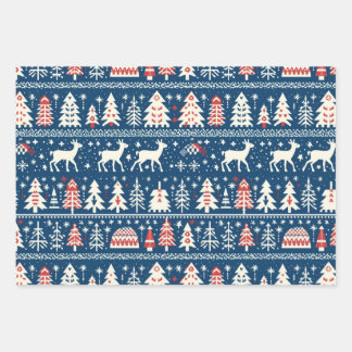 Scandinavian Navy Blue Christmas Reindeer Nordic Wrapping Paper Sheet
