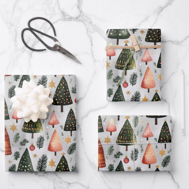 Scandinavian Nordic Christmas Pine Tree Pattern  Wrapping Paper Sheet (Front)