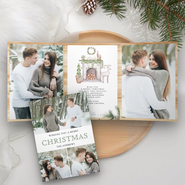 Scandinavian Nordic Fireplace Photo Christmas Tri-Fold Holiday Card (Creator Uploaded)