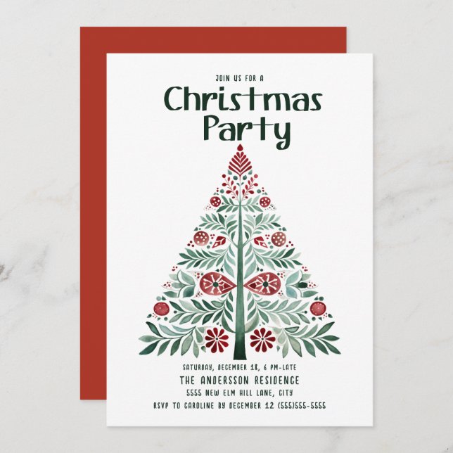 Scandinavian Nordic Green Red Christmas Tree Party Invitation (Front/Back)