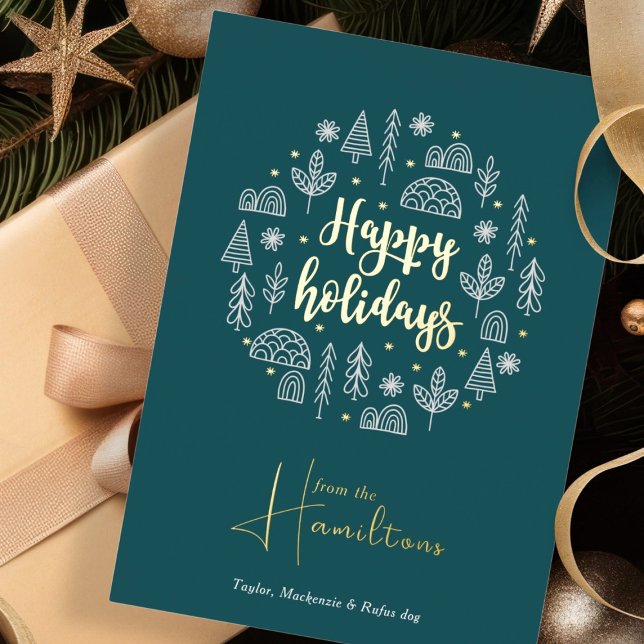 Scandinavian Nordic Happy Holidays Personalised Foil Holiday Card (Scandinavian Nordic Happy Holidays Personalized Foil Holiday Card by Ricaso green, white, REAL foil
)