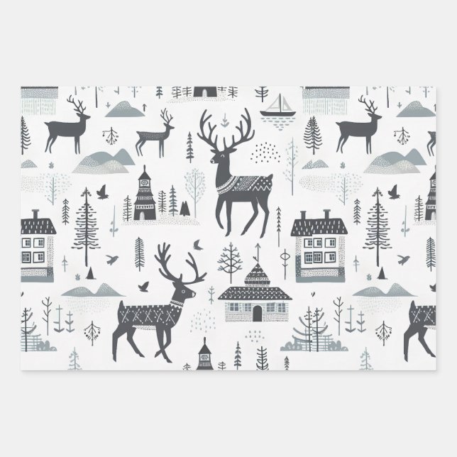 Scandinavian ornament deer white black simple  wrapping paper sheet (Front)