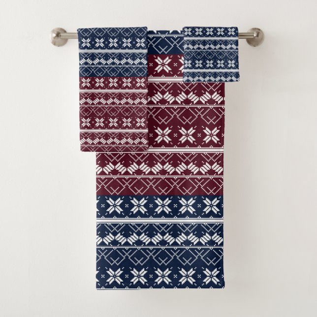 Scandinavian ornament on a blue, burgundy bath towel set (Insitu)
