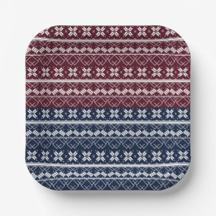 Scandinavian ornament on a blue, burgundy paper plate