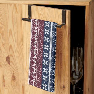 Scandinavian ornament on a blue, burgundy tea towel