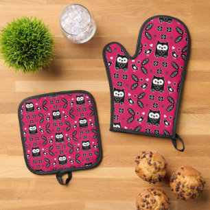Scandinavian Owl Folk Art Gift Oven Mitt & Pot Holder Set