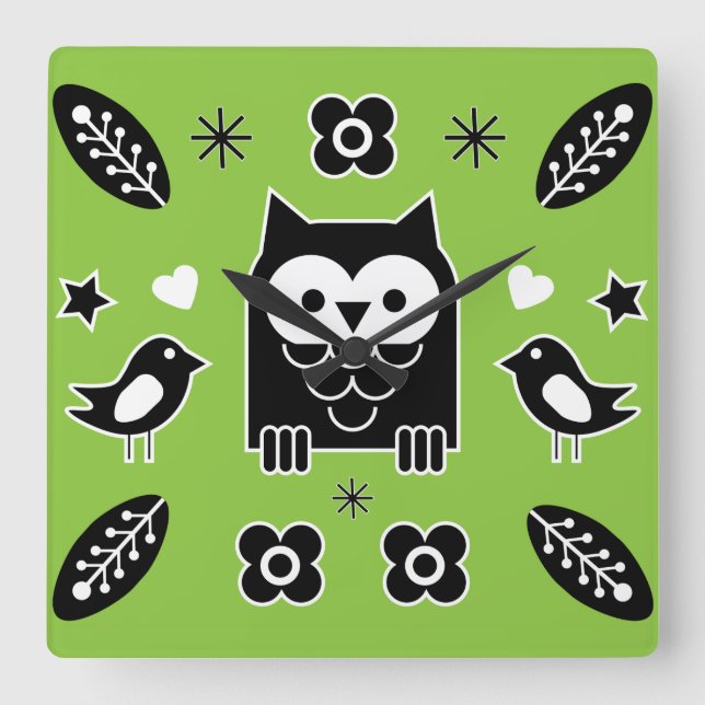 Scandinavian Owl Folk Art Gift Square Wall Clock (Front)