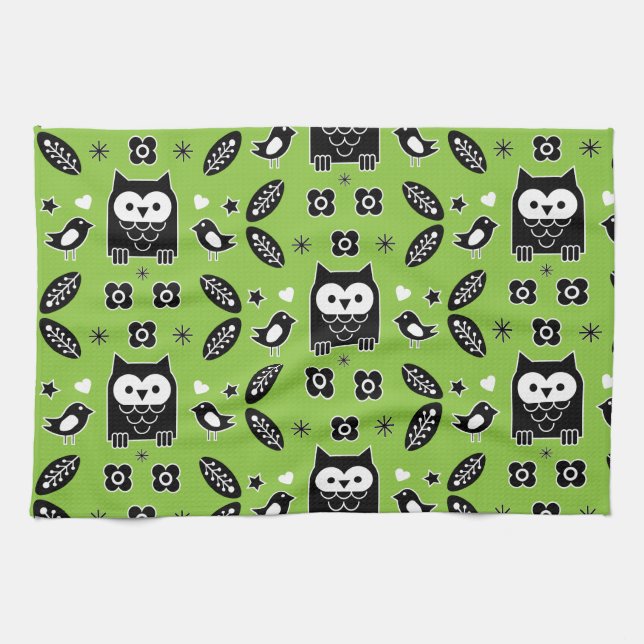 Scandinavian Owl Folk Art Tea Towel (Horizontal)