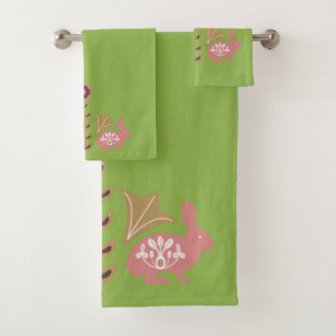 Scandinavian Rabbit Pattern Lime Pink Bath Towel Set