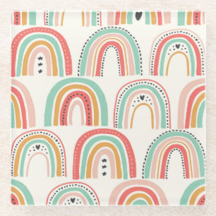 Scandinavian Rainbows: Naive Art Pattern. Glass Coaster