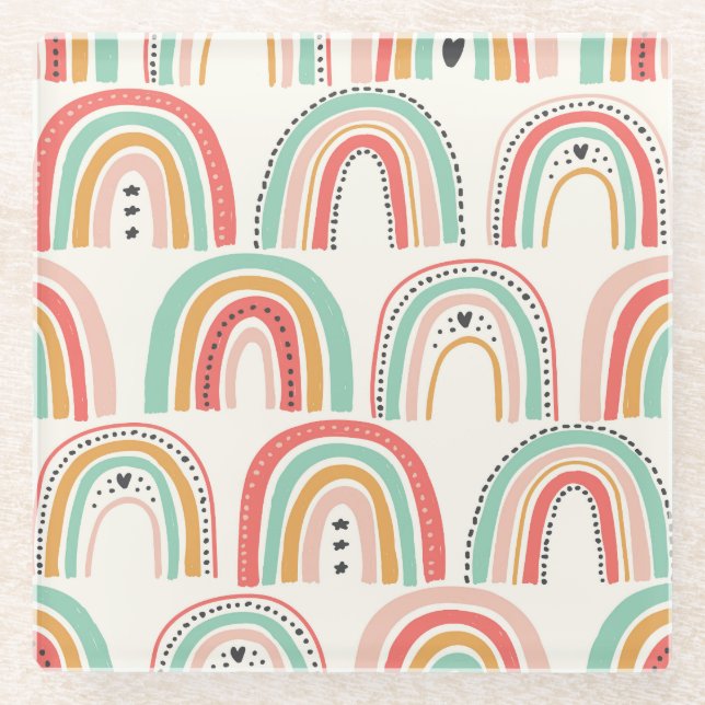 Scandinavian Rainbows: Naive Art Pattern. Glass Coaster (Front)