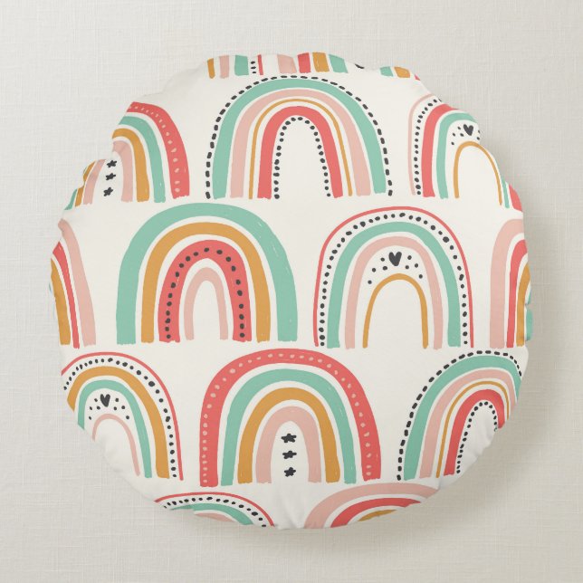 Scandinavian Rainbows: Naive Art Pattern. Round Cushion (Front)