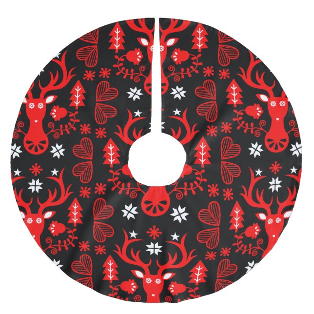 Scandinavian Red Christmas Deer Brushed Polyester Tree Skirt (Front)