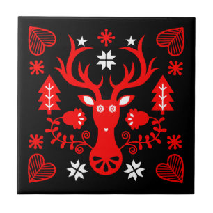 Scandinavian Red Christmas Deer Ceramic Tile