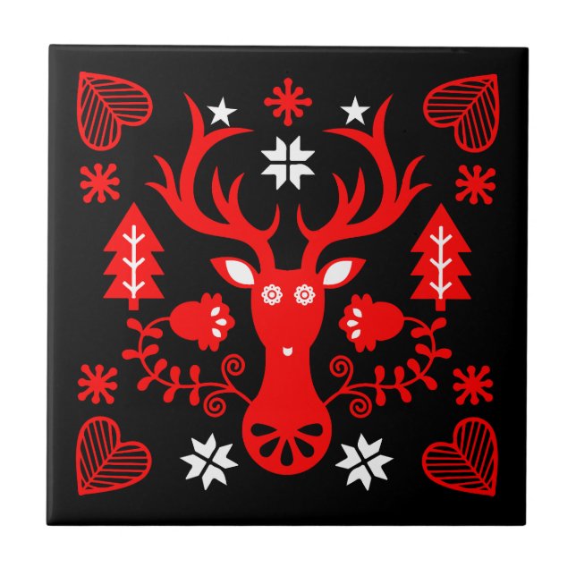Scandinavian Red Christmas Deer Ceramic Tile (Front)