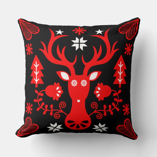 Scandinavian Red Christmas Deer Cushion (Front)