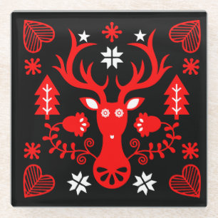 Scandinavian Red Christmas Deer Glass Coaster