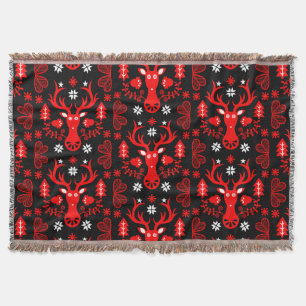 Scandinavian Red Christmas Deer Throw Blanket