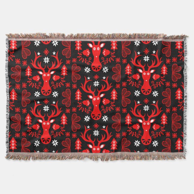 Scandinavian Red Christmas Deer Throw Blanket (Front)