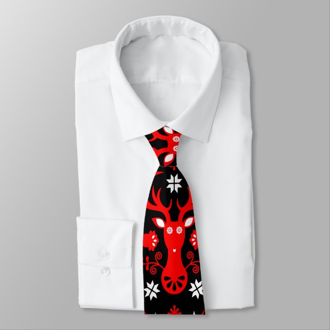 Scandinavian Red Christmas Deer Tie (Tied)
