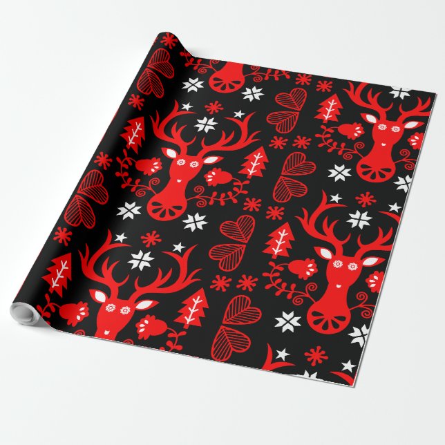 Scandinavian Red Christmas Deer Wrapping Paper (Unrolled)