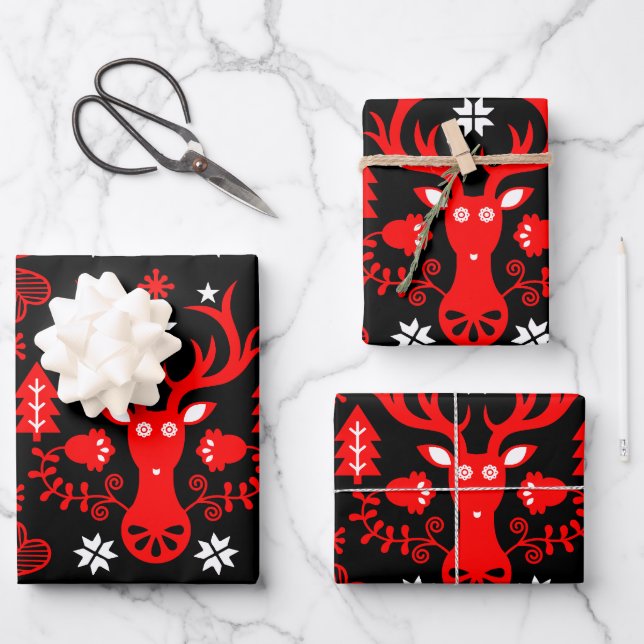 Scandinavian Red Christmas Deer Wrapping Paper Sheet (Front)