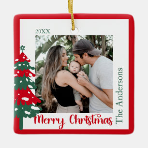 Scandinavian Red& Green One Photo Merry Christmas Ceramic Ornament