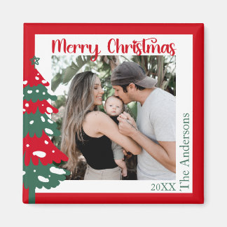 Scandinavian Red& Green One Photo Merry Christmas Magnet