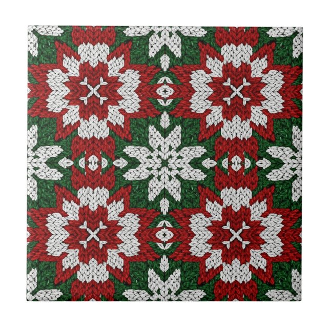 Scandinavian Red Green White Winter Knit Ceramic Tile (Front)