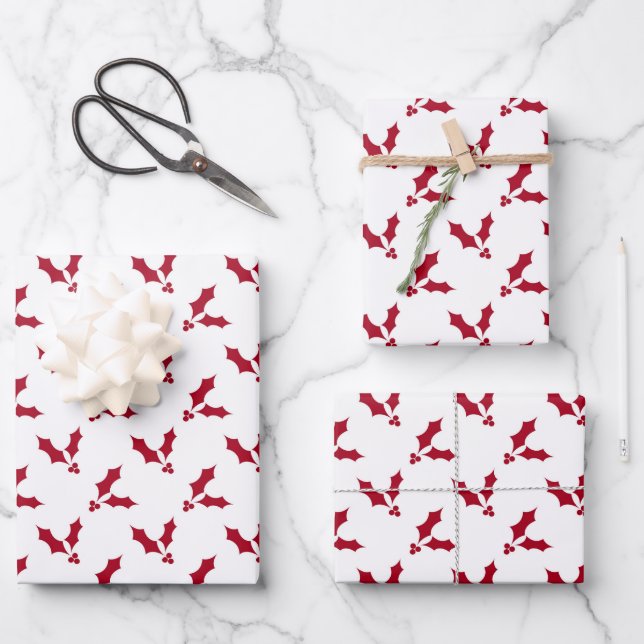 Scandinavian red white Mistletoe pattern Christmas Wrapping Paper Sheet (Front)