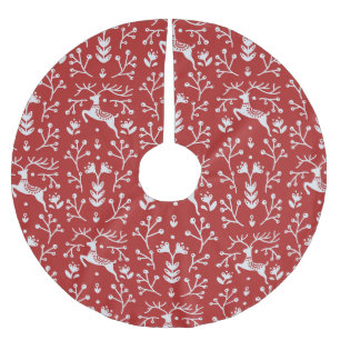 Scandinavian Red White Reindeer Floral Christmas Brushed Polyester Tree Skirt