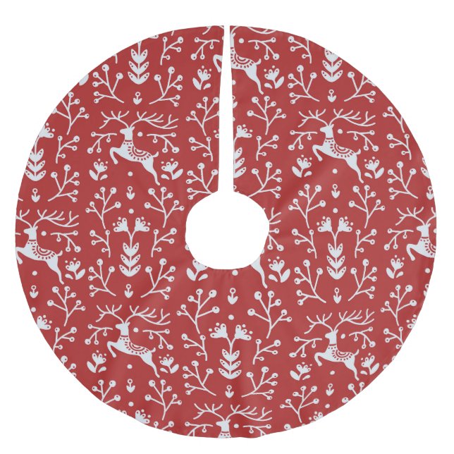 Scandinavian Red White Reindeer Floral Christmas Brushed Polyester Tree Skirt (Front)