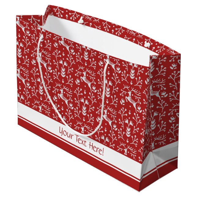 Scandinavian Red White Reindeer Floral Christmas Large Gift Bag (Back Angled)
