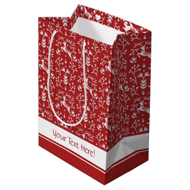 Scandinavian Red White Reindeer Floral Christmas Medium Gift Bag (Back Angled)