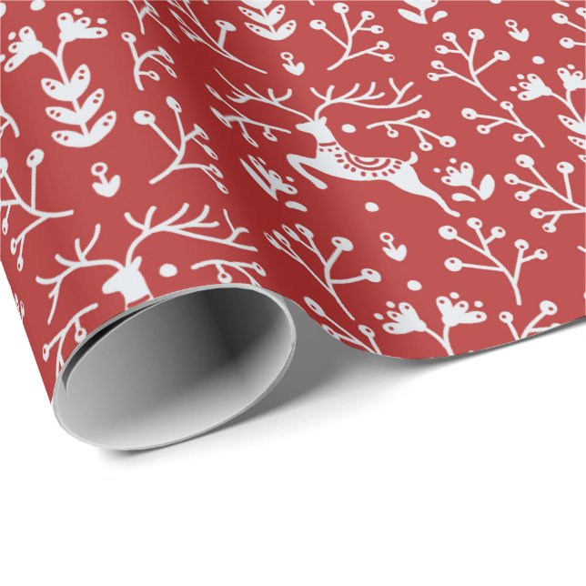 Scandinavian Red White Reindeer Floral Christmas Wrapping Paper (Roll Corner)