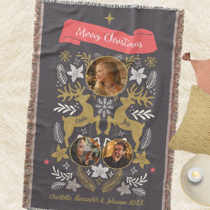 Scandinavian Reindeer 3 Photo Holiday Throw Blanket