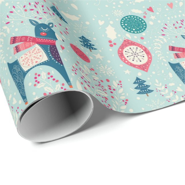 Scandinavian Reindeer and Trees Christmas Pattern Wrapping Paper (Roll Corner)