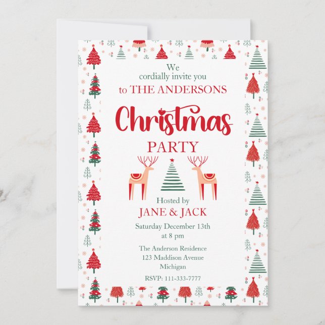 Scandinavian Reindeer Festive Tree Christmas Party Invitation (Front)