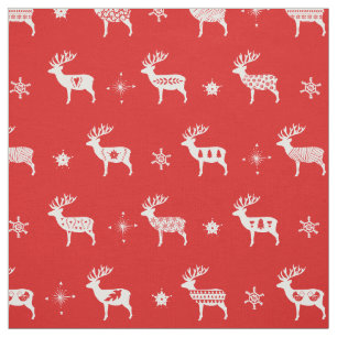 Scandinavian Reindeer Red & White Holiday Folk Art Fabric