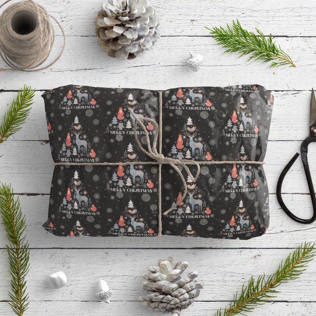 Scandinavian Reindeer Tree Animal Snowflake Black Wrapping Paper (Creator Uploaded)