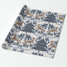 Scandinavian Reindeer Tree Floral Navy Gold 