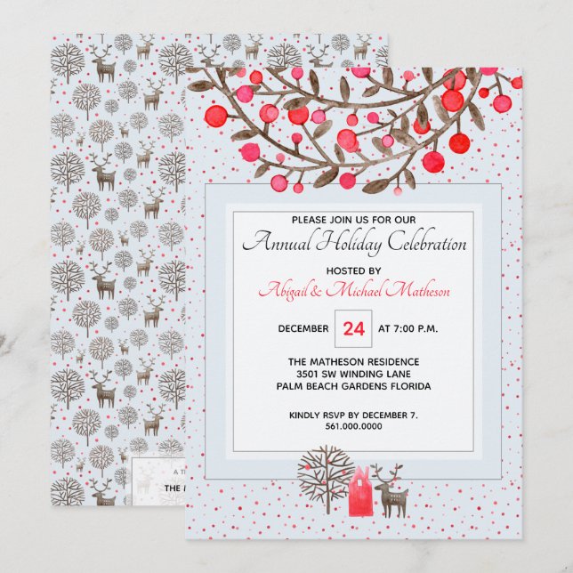 Scandinavian Reindeer Watercolor Christmas Party Invitation (Front/Back)