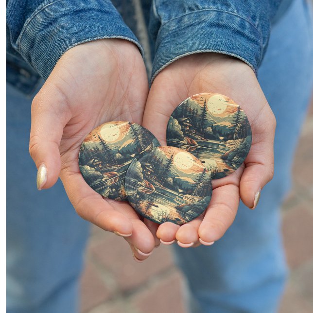 Scandinavian Retro Art mountain home 7.5 Cm Round Badge (Creator Uploaded)