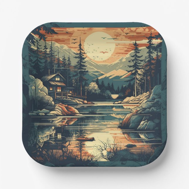 Scandinavian Retro Art mountain home Paper Plate (Front)
