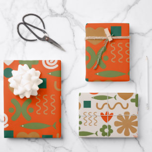 Scandinavian Retro Christmas Patterns Red-Orange Wrapping Paper Sheet