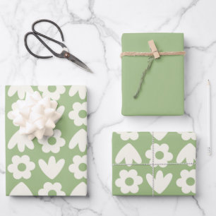 Scandinavian Retro Flowers Floral Pattern Sage Wrapping Paper Sheet